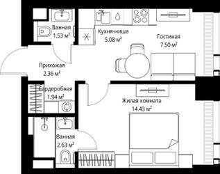 Планировка однокомнатной(квартира) площадью 35.47 квадратных метров в ЖК “ЖК Веер”