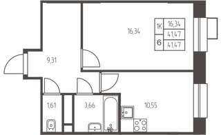 Планировка однокомнатной(квартира) площадью 41.5 квадратных метров в “ЖК Новая Ивантеевка”