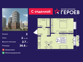 Планировка двухкомнатной(квартира) площадью 36.8 квадратных метров в “ЖК Героев”