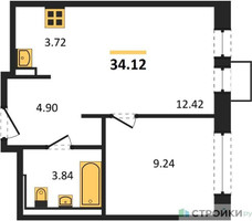 Планировка однокомнатной(квартира) площадью 34.12 квадратных метров в “ЖК Новое Видное”