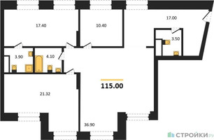 Планировка трехкомнатной(квартира) площадью 115 квадратных метров в “ЖК Архитектурный проект RAKURS (Ракурс)”