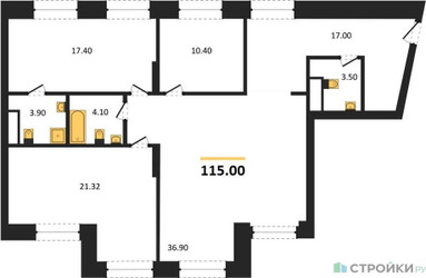 Планировка трехкомнатной(квартира) площадью 115 квадратных метров в ЖК “ЖК Архитектурный проект RAKURS (Ракурс)”