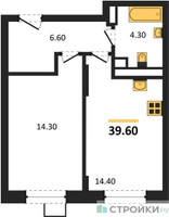 Планировка однокомнатной(квартира) площадью 39.6 квадратных метров в “ЖК ОБЛАКА-2”