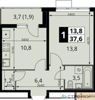 Планировка однокомнатной(квартира) площадью 38 квадратных метров в “ЖК ЮЖНАЯ БИТЦА”