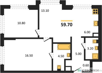 Планировка двухкомнатной(квартира) площадью 59.7 квадратных метров в ЖК “Акценты”