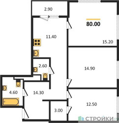 Планировка трехкомнатной(квартира) площадью 80 квадратных метров в ЖК “ЖК Sydney City (Сидней Сити)”