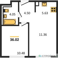 Планировка однокомнатной(квартира) площадью 36.02 квадратных метров в “ЖК Большое Путилково”