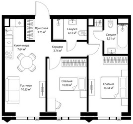 Планировка двухкомнатной(апартаменты) площадью 60.42 квадратных метров в ЖК “ЖК JOIS (Джойс)”