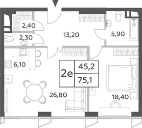 Планировка двухкомнатной(квартира) площадью 75.1 квадратных метров в ЖК “ЖК Will Towers (Вилл Тауэрс)”