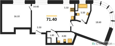 Планировка двухкомнатной(квартира) площадью 71.4 квадратных метров в ЖК “ЖК Родина Переделкино”