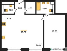 Планировка однокомнатной(квартира) площадью 66.4 квадратных метров в “ЖК FORIVER Residence (Форивер Резиденс)”
