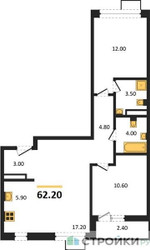 Планировка двухкомнатной(квартира) площадью 62.2 квадратных метров в ЖК “ЖК Родные кварталы”