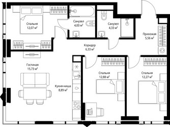 Планировка трехкомнатной(квартира) площадью 82.06 квадратных метров в ЖК “ЖК Джойс”