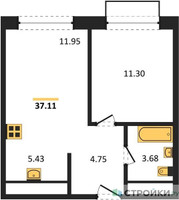 Планировка однокомнатной(квартира) площадью 37.11 квадратных метров в “ЖК Новоград Павлино”