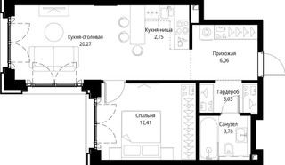 Планировка однокомнатной(квартира) площадью 47.7 квадратных метров в “ЖК Сити Бэй”