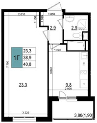 Планировка однокомнатной(квартира) площадью 40.8 квадратных метров в ЖК “ЖК Одинцово Сити”