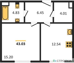 Планировка однокомнатной(квартира) площадью 43.03 квадратных метров в ЖК “Квартал Foriver”