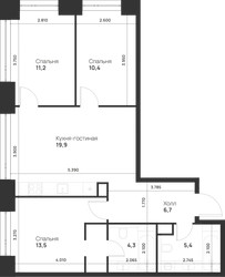Планировка трехкомнатной(квартира) площадью 71.4 квадратных метров в ЖК “ЖК Войс”