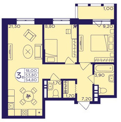 Планировка трехкомнатной(квартира) площадью 55.8 квадратных метров в ЖК “ЖК Героев”
