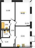 Планировка двухкомнатной(квартира) площадью 54.59 квадратных метров в “ЖК Квартал Западный”