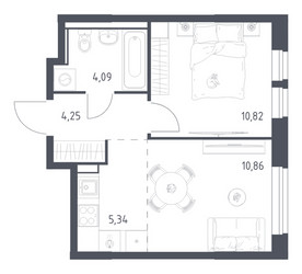 Планировка однокомнатной(квартира) площадью 35.36 квадратных метров в ЖК “ЖК Квартал Ивакино”