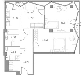 Планировка трехкомнатной(квартира) площадью 76.8 квадратных метров в ЖК “ЖК Аквилон Beside 2.0”