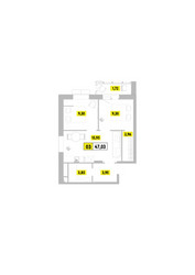 Планировка трехкомнатной(квартира) площадью 47.03 квадратных метров в ЖК “ЖК Радость (Радумля Парк)”