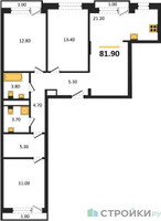 Планировка трехкомнатной(квартира) площадью 81.9 квадратных метров в “ЖК Новая Щербинка”