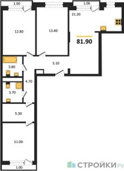 Планировка трехкомнатной(квартира) площадью 81.9 квадратных метров в ЖК “ЖК Новая Щербинка”