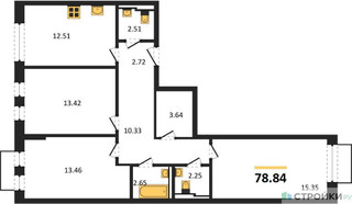 Планировка трехкомнатной(квартира) площадью 78.84 квадратных метров в “ЖК Рублевский Квартал”