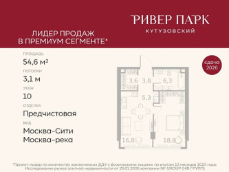 Планировка однокомнатной(квартира) площадью 54.6 квадратных метров в ЖК “ЖК Ривер Парк Кутузовский”