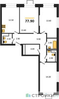 Планировка трехкомнатной(квартира) площадью 77.9 квадратных метров в “ЖК Мытищи Парк”