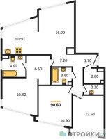 Планировка трехкомнатной(квартира) площадью 90.6 квадратных метров в “ЖК ROTTERDAM (Роттердам)”