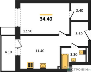 Планировка однокомнатной(квартира) площадью 34.4 квадратных метров в ЖК “ЖК Союзный”
