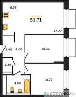 Планировка двухкомнатной(квартира) площадью 51.71 квадратных метров в “ЖК Томилино Парк”