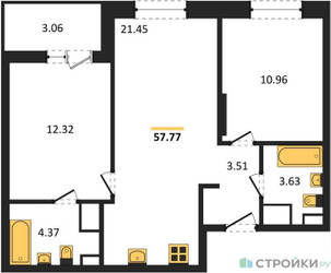 Планировка двухкомнатной(квартира) площадью 57.77 квадратных метров в ЖК “ЖК Светлый мир Станция Л”