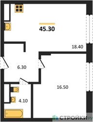 Планировка однокомнатной(квартира) площадью 45.3 квадратных метров в ЖК “ЖК Переделкино Ближнее”