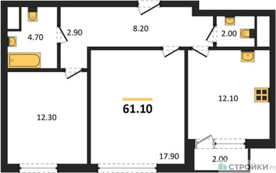 Планировка двухкомнатной(квартира) площадью 61.1 квадратных метров в ЖК “Квартал Филатов луг”