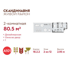 Планировка двухкомнатной(квартира) площадью 80.5 квадратных метров в ЖК “ЖК Скандинавия”