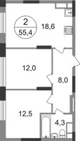 Планировка двухкомнатной(квартира) площадью 55.4 квадратных метров в “ЖК Переделкино Ближнее”