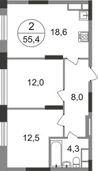 Планировка двухкомнатной(квартира) площадью 55.4 квадратных метров в ЖК “ЖК Переделкино Ближнее”