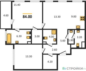Планировка двухкомнатной(квартира) площадью 84 квадратных метров в ЖК “ЖК Sydney City (Сидней Сити)”