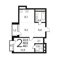 Планировка двухкомнатной(квартира) площадью 48.1 квадратных метров в “Новые Ватутинки. Заречный”