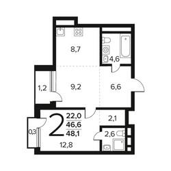 Планировка двухкомнатной(квартира) площадью 48.1 квадратных метров в ЖК “Новые Ватутинки. Заречный”