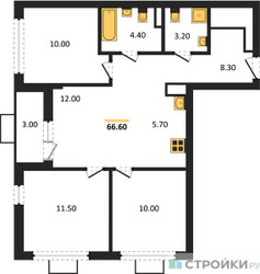 Планировка трехкомнатной(квартира) площадью 66.6 квадратных метров в ЖК “ЖК Бунинские кварталы”