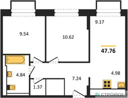 Планировка двухкомнатной(квартира) площадью 47.76 квадратных метров в “ЖК Долина Яузы”