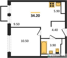 Планировка однокомнатной(квартира) площадью 34.2 квадратных метров в “ЖК Мытищи Парк”