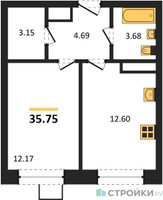 Планировка однокомнатной(квартира) площадью 35.75 квадратных метров в “ЖК Новотомилино”