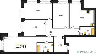 Планировка 4+ комнатной(квартира) площадью 117.64 квадратных метров в “ЖК Sezar City (Сезар Сити)”