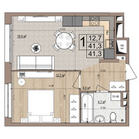 Планировка однокомнатной(квартира) площадью 41.3 квадратных метров в “ЖК Гранд Комфорт”